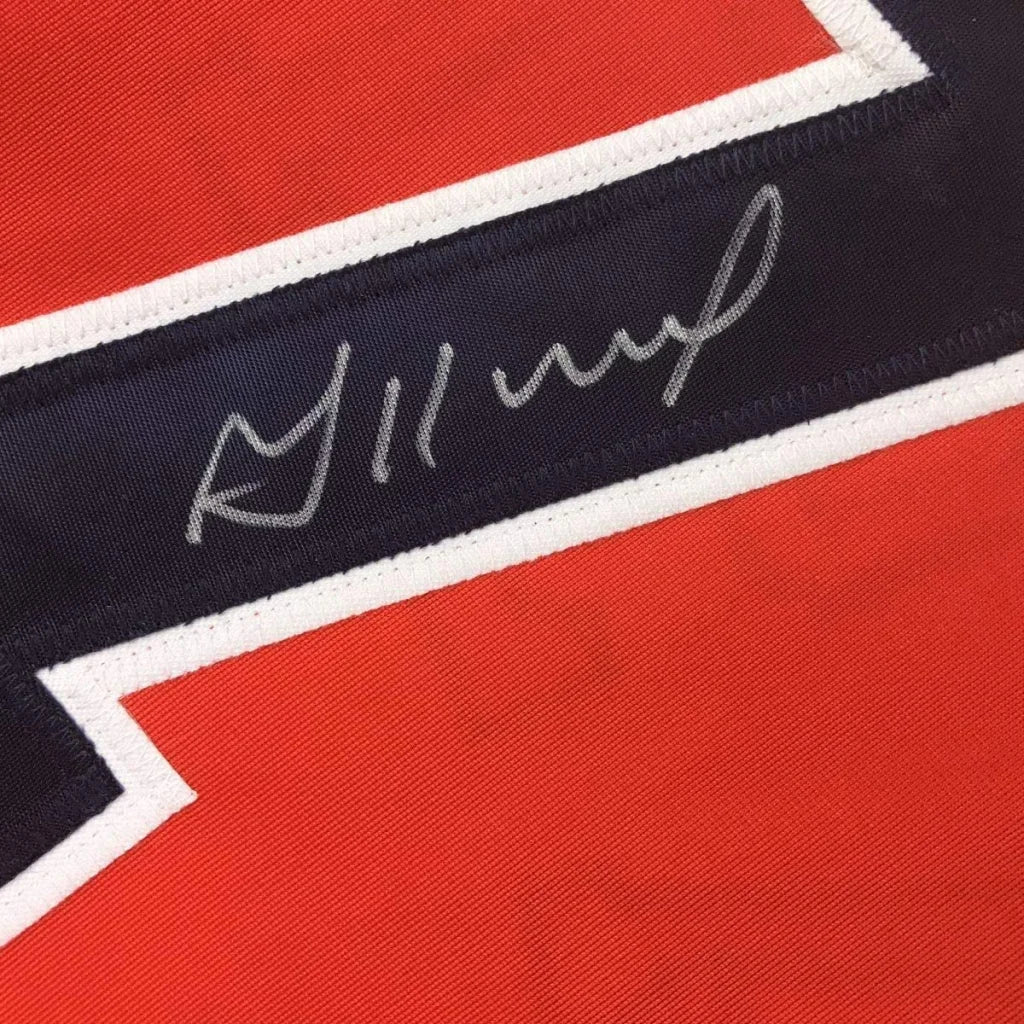 Autographed Jose Altuve Houston orange custom jersey in red and navy blue with white trim and silver stitched signature