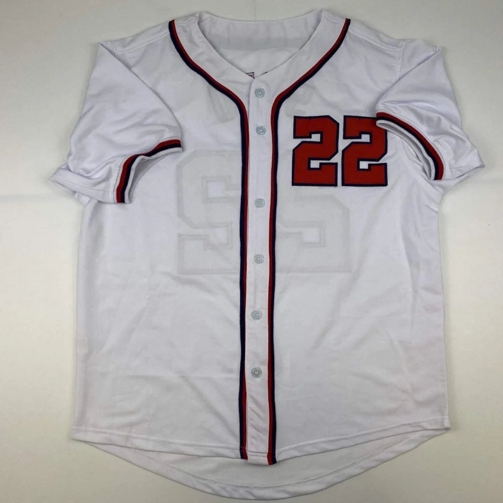 Autographed Juan Soto Washington white baseball custom jersey with red and navy trim and bold red number 22 for professional sports league fans