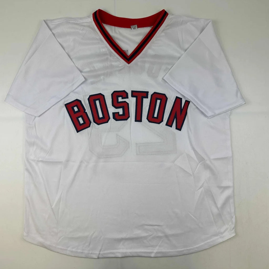 White short-sleeved custom jersey with red and black V-neck trim for professional sports fans