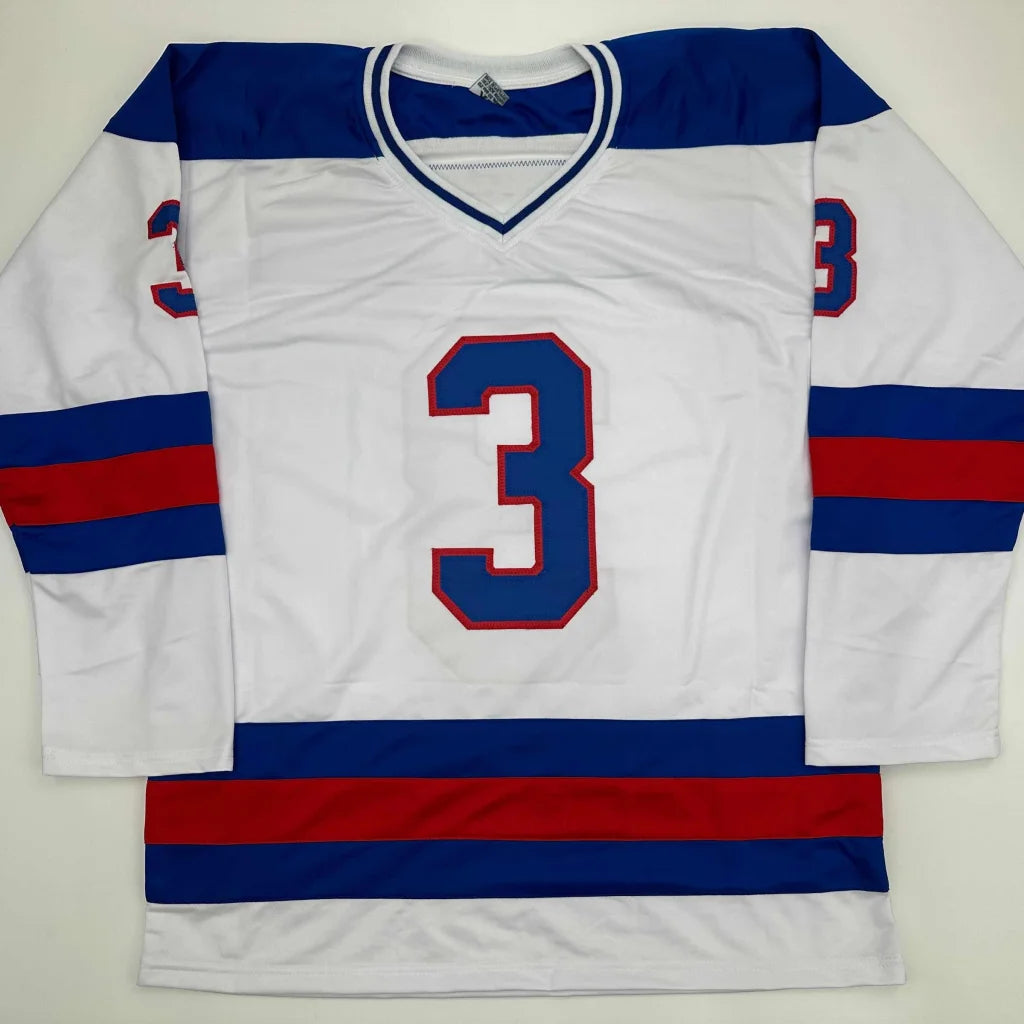 White Morrow #3 custom jersey with blue shoulders, stripes, and autographed for professional sports fans