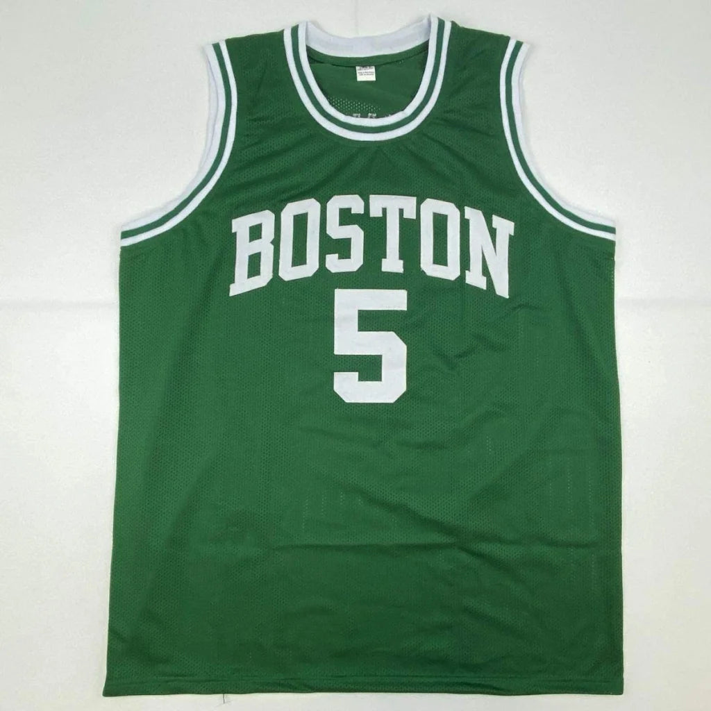 Autographed kevin garnett boston green basketball jersey with white lettering and ribbed trim for professional sports league fans