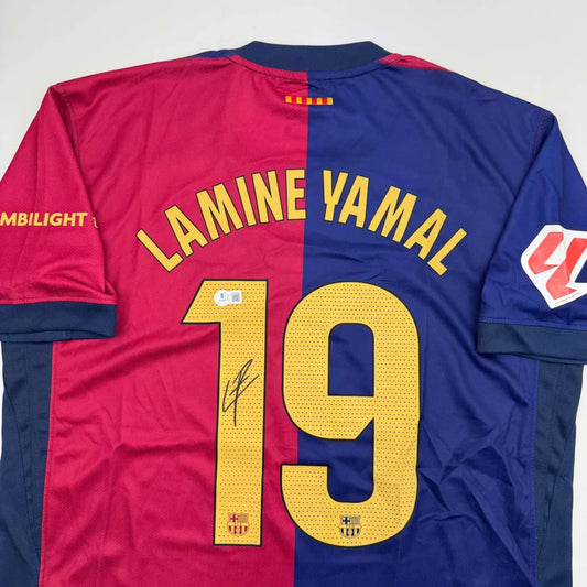 Autographed Lamine Yamal FC Barcelona red-blue striped jersey with number 19