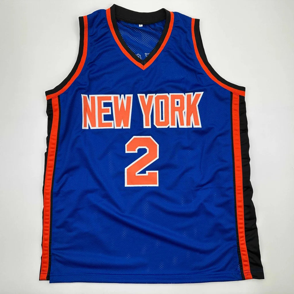 Blue JOHNSON basketball jersey with orange trim and number 2, perfect for professional sports fans