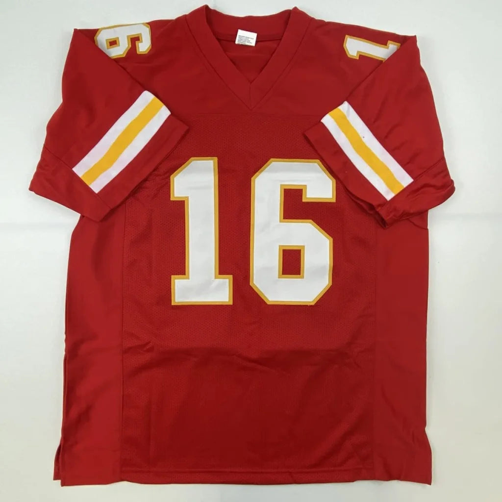 Red autographed Len Dawson custom jersey with white and gold numbering and stripes from professional sports league