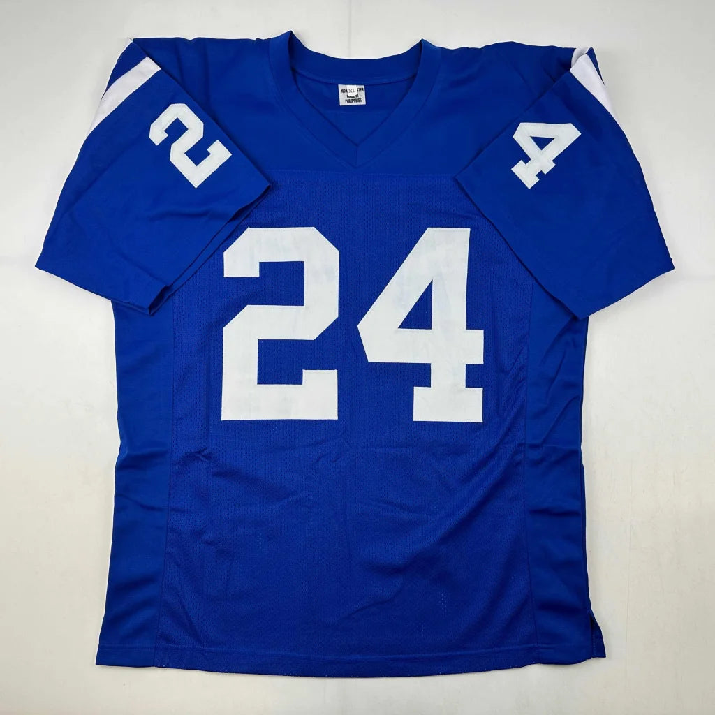 Blue short-sleeve custom jersey with white numbers from Exclusive Custom Jersey MOORE 24 for professional sports