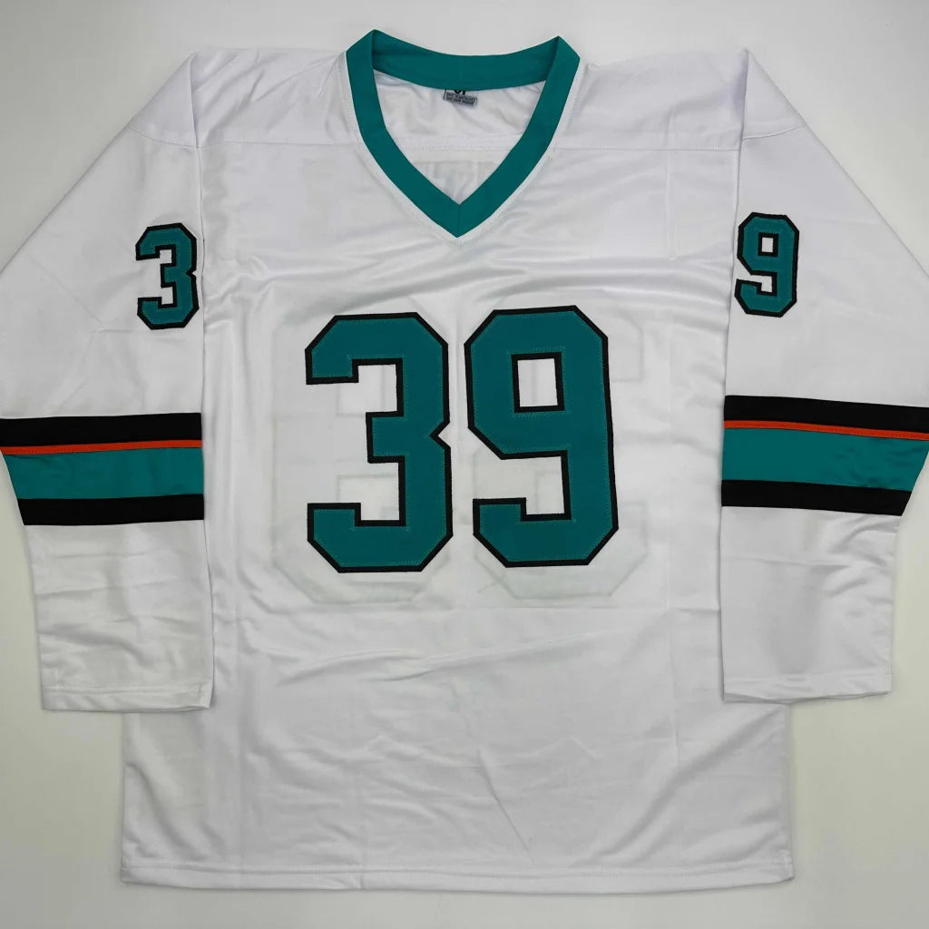 White long-sleeved professional sports league custom jersey with teal V-neck and stripes