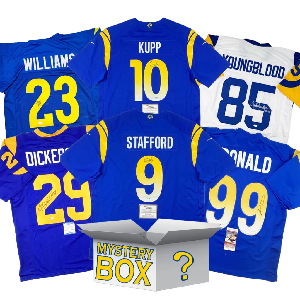 Autographed Los Angeles football jerseys and mystery box from the Los Angeles Rams collection
