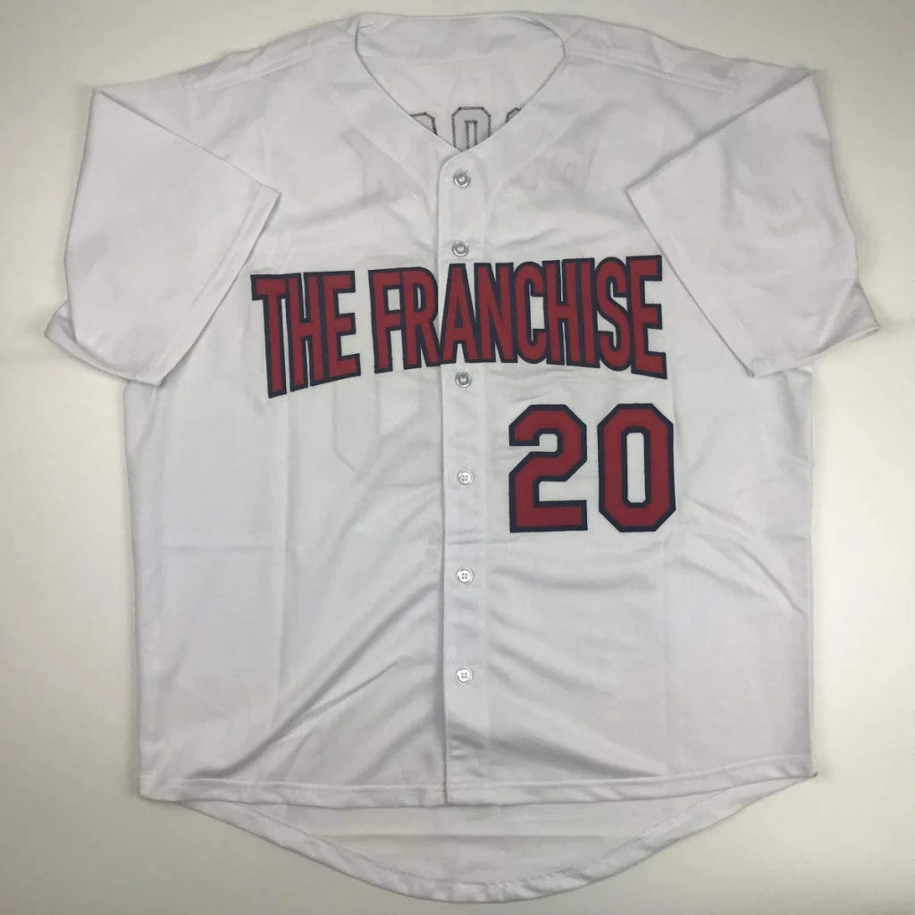 White custom jersey with THE FRANCHISE 20 lettering from Lou Brock, a pro sports legend