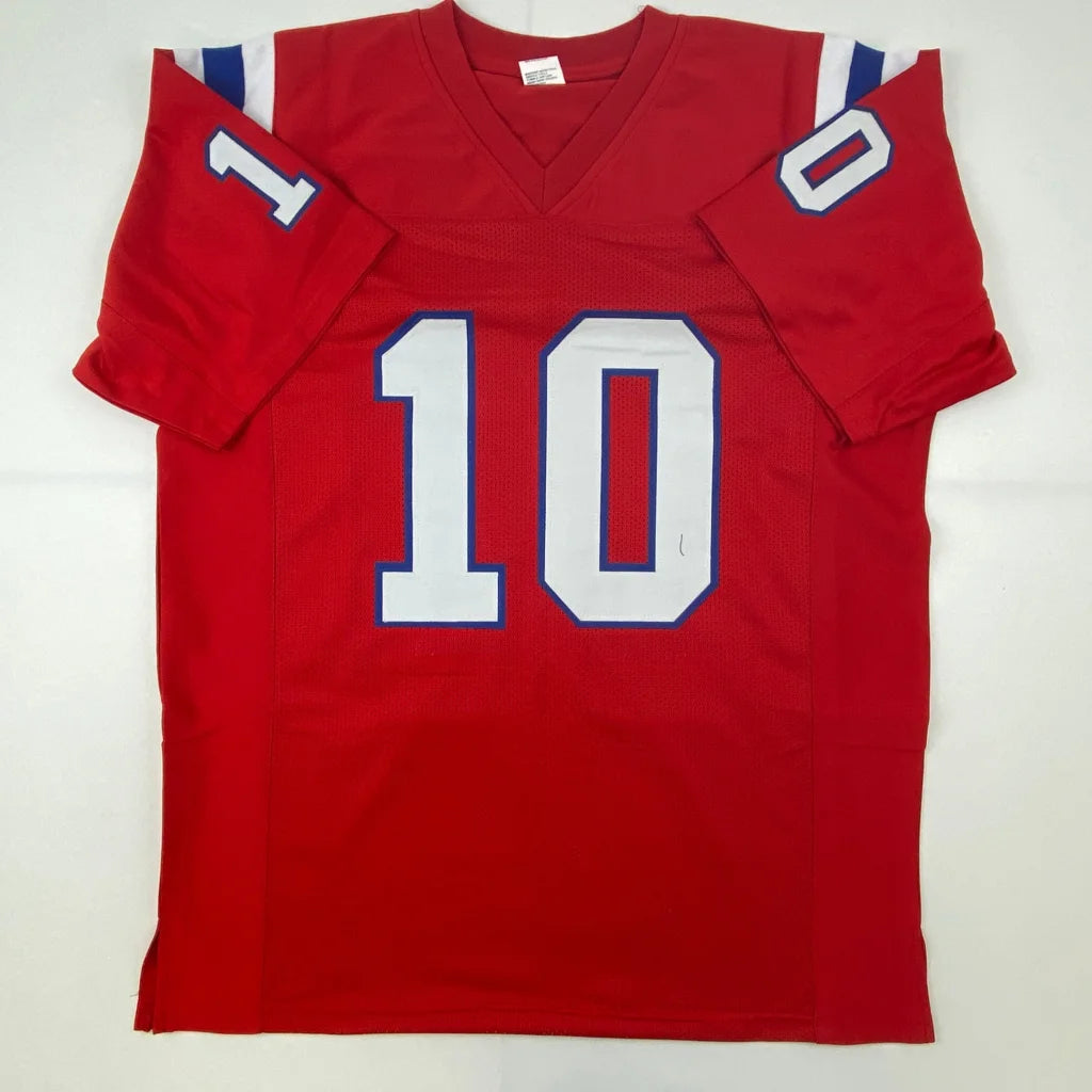 Autographed Mac Jones New England red custom jersey with white and blue numbering