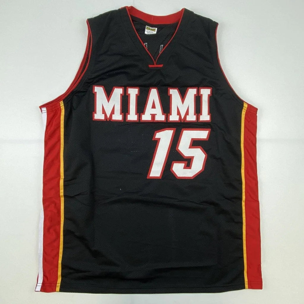 Black Miami Heat custom jersey with red and gold trim featuring number 15 and JSA COA