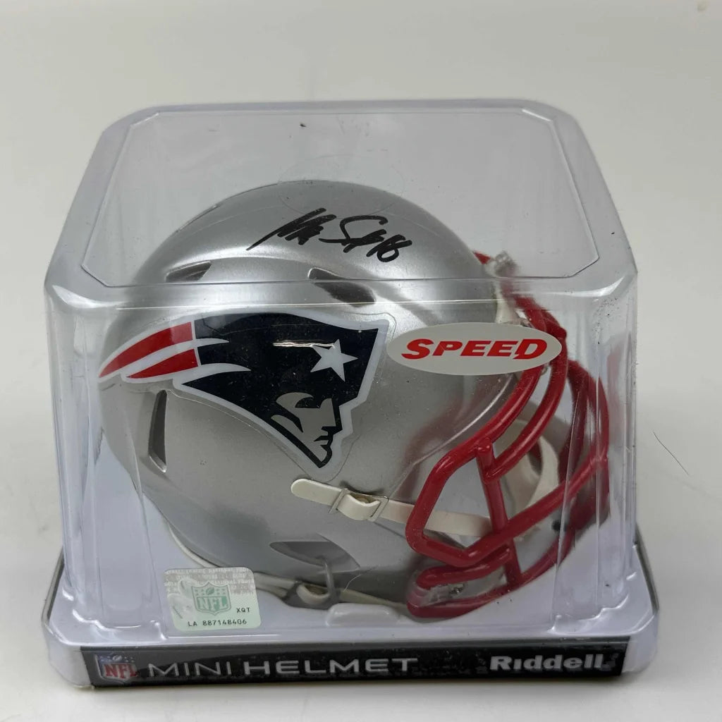 Autographed New England Patriots mini helmet in clear display case for sale