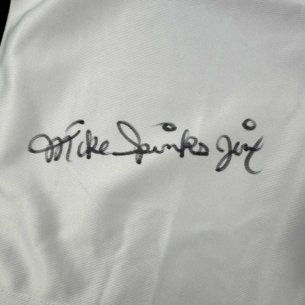 Autographed Michael Jinx Spinks white satin boxing trunks with Off-White logo