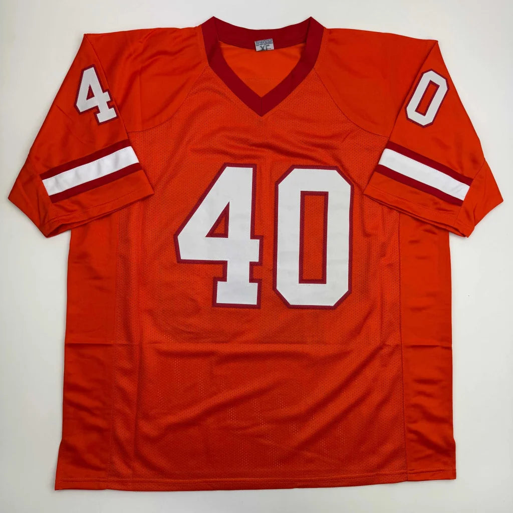 Autographed Mike Alstott orange V-neck custom jersey with 40, Tampa Bay