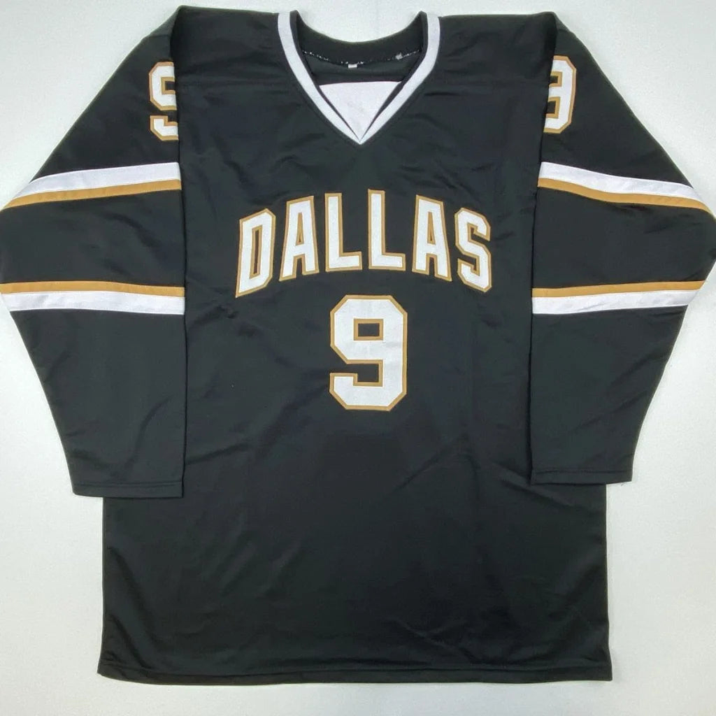 Black Mike Modano Dallas jersey with DALLAS 9 lettering, perfect for professional sports fans