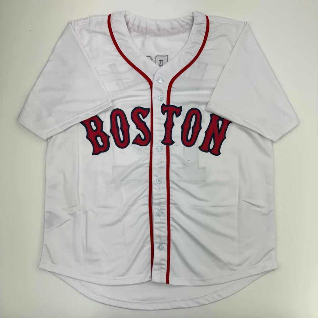 White custom jersey with red trim and BOSTON in red for professional sports fans