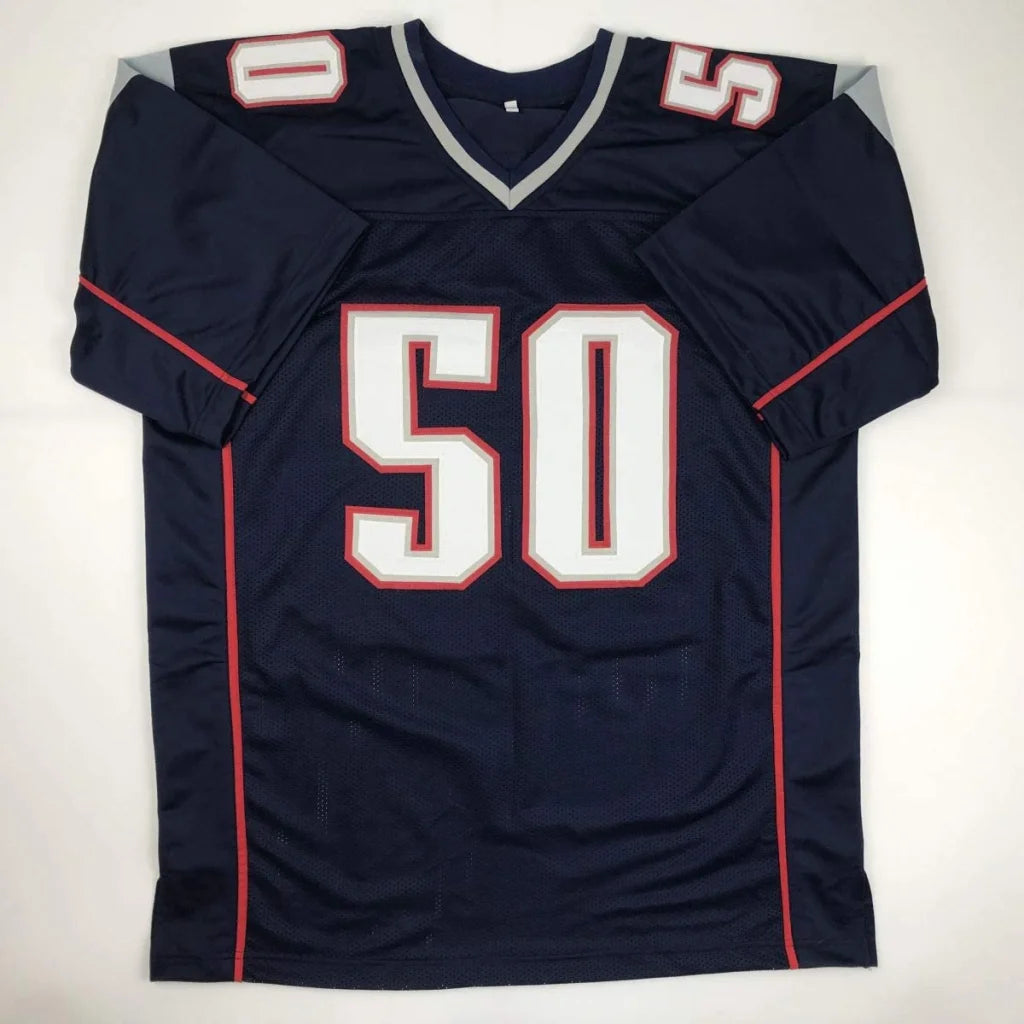 Navy blue autographed Mike Vrabel New England football custom jersey with white and red numerals and v-neck collar for professional sports league fans