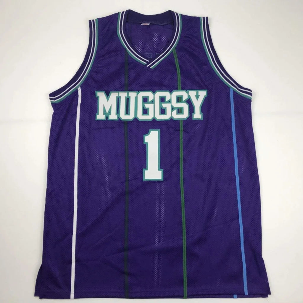 Autographed Muggsy Bogues custom purple basketball jersey, NBA pro sports league