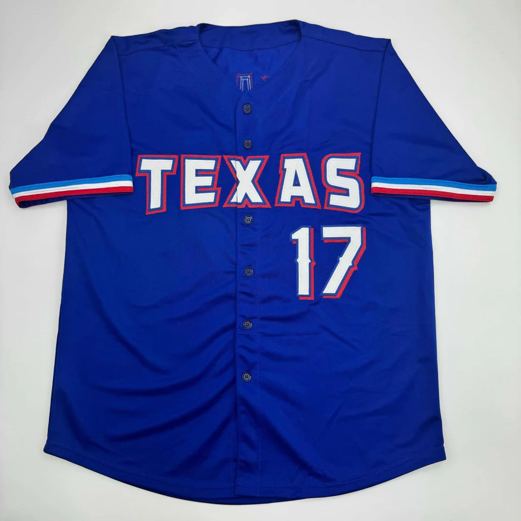 Autographed Nathan Eovaldi Texas Rangers custom jersey, number 17, royal blue with white red lettering, Beckett BAS COA