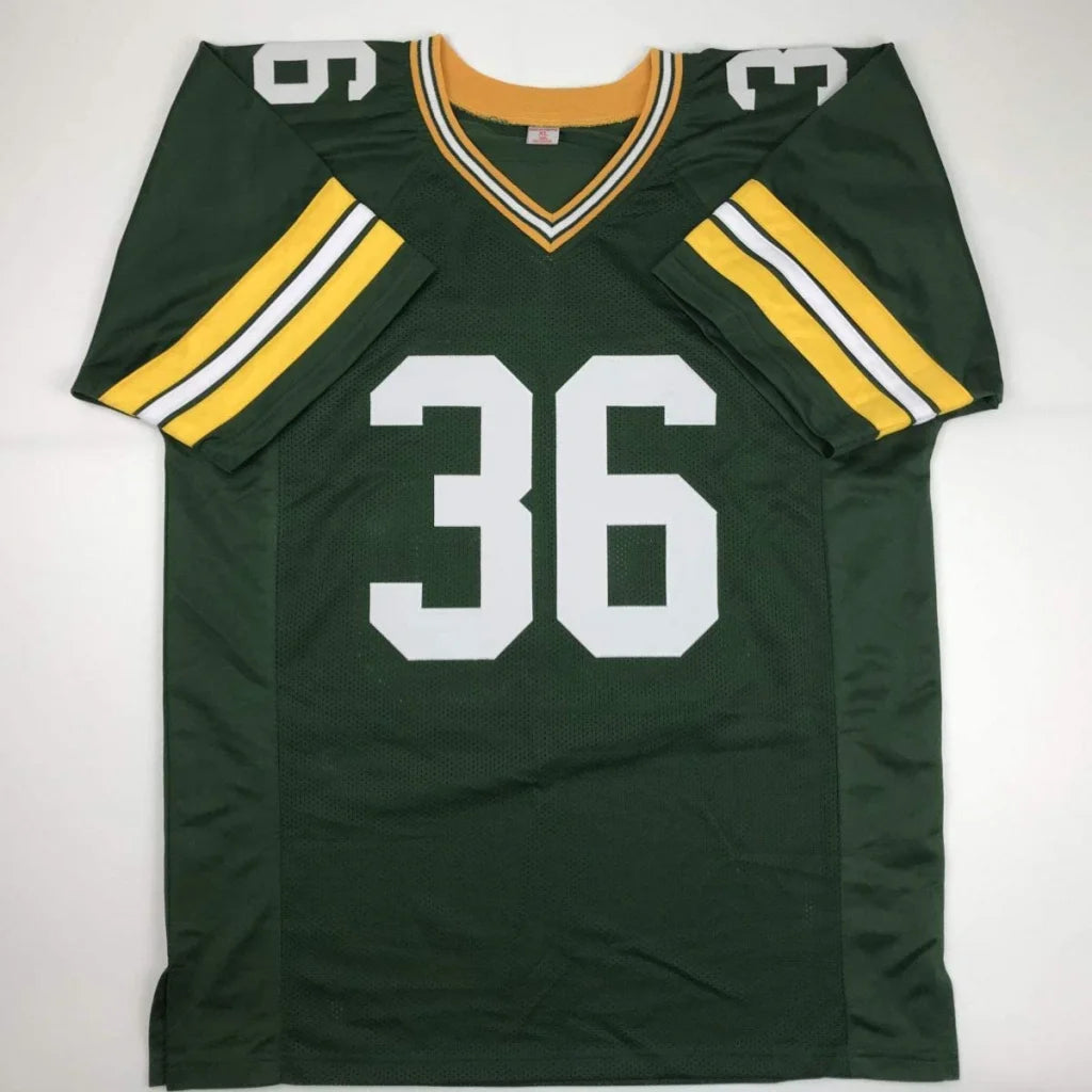 Autographed nick collins green bay custom jersey with white number 36 yellow sleeve stripes and v-neck collar for professional sports league fans