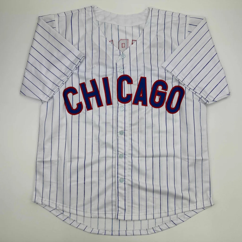 White pinstripe custom jersey with CHICAGO in red and blue for professional sports fans