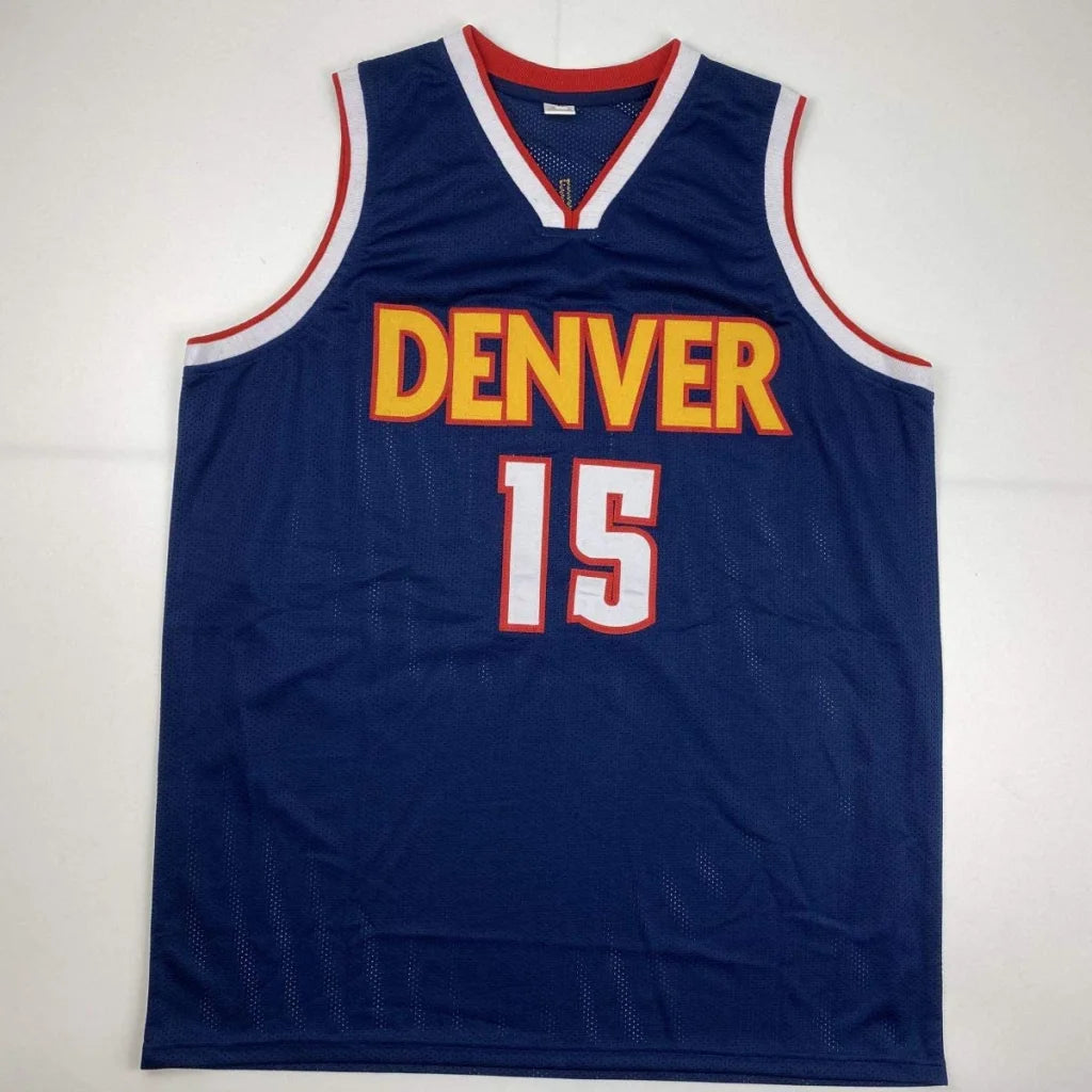 Blue Denver Nuggets custom jersey with DENVER and 15 in gold and white for professional sports fans