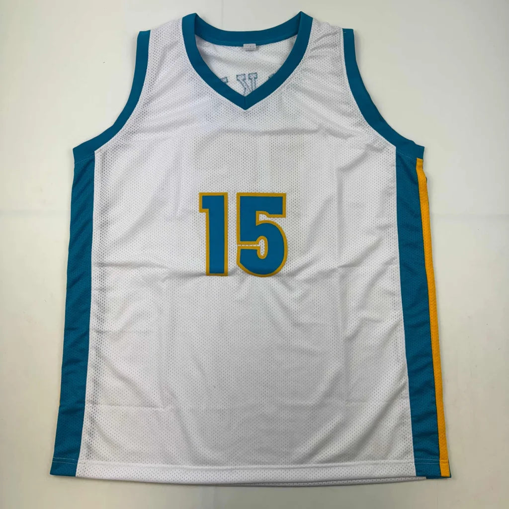 White mesh professional sports custom jersey with teal trim and gold number 15
