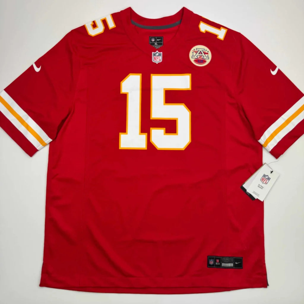 Red Patrick Mahomes Kansas City Chiefs jersey with Fanatics COA and white yellow accents