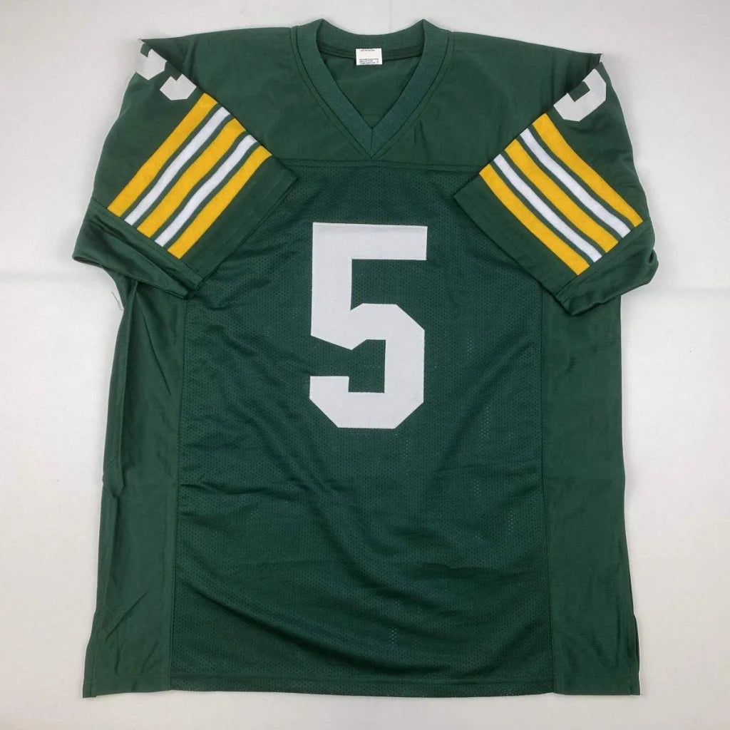 Autographed Paul Hornung green Bay custom football jersey with white number 5 and yellow white striped sleeves from professional sports league