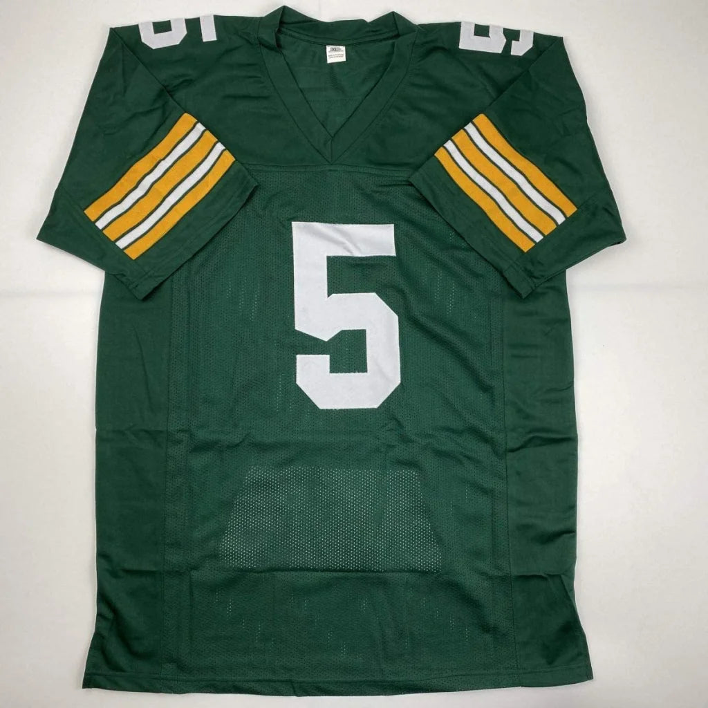 Autographed paul hornung green bay green custom jersey with white number 5 and yellow white sleeve stripes in mesh fabric