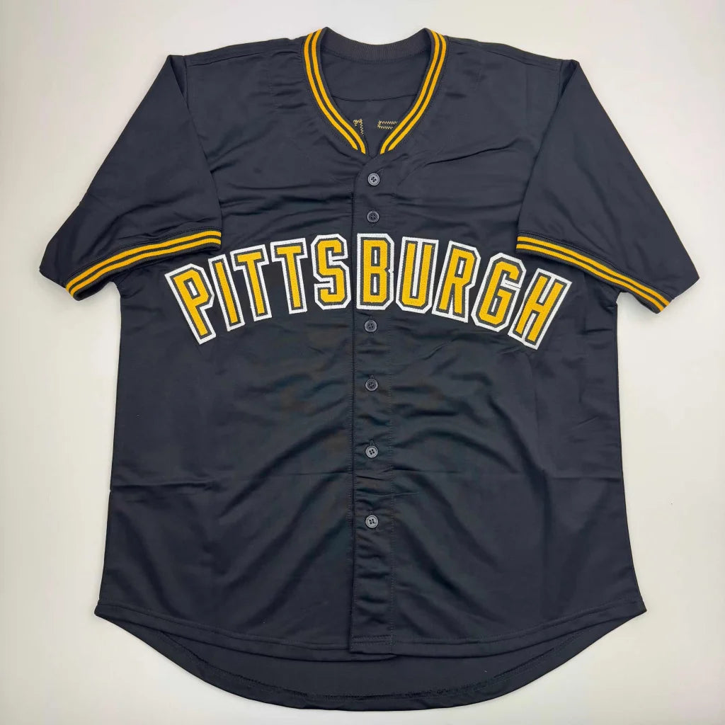 Black custom jersey with PITTSBURGH in yellow and white for professional sports fans
