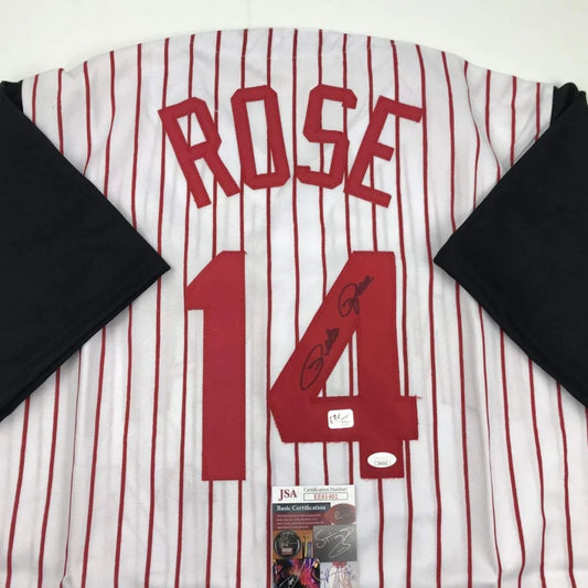 Autographed Pete Rose custom jersey back, Cincinnati red pinstripe, number 14, JSA COA