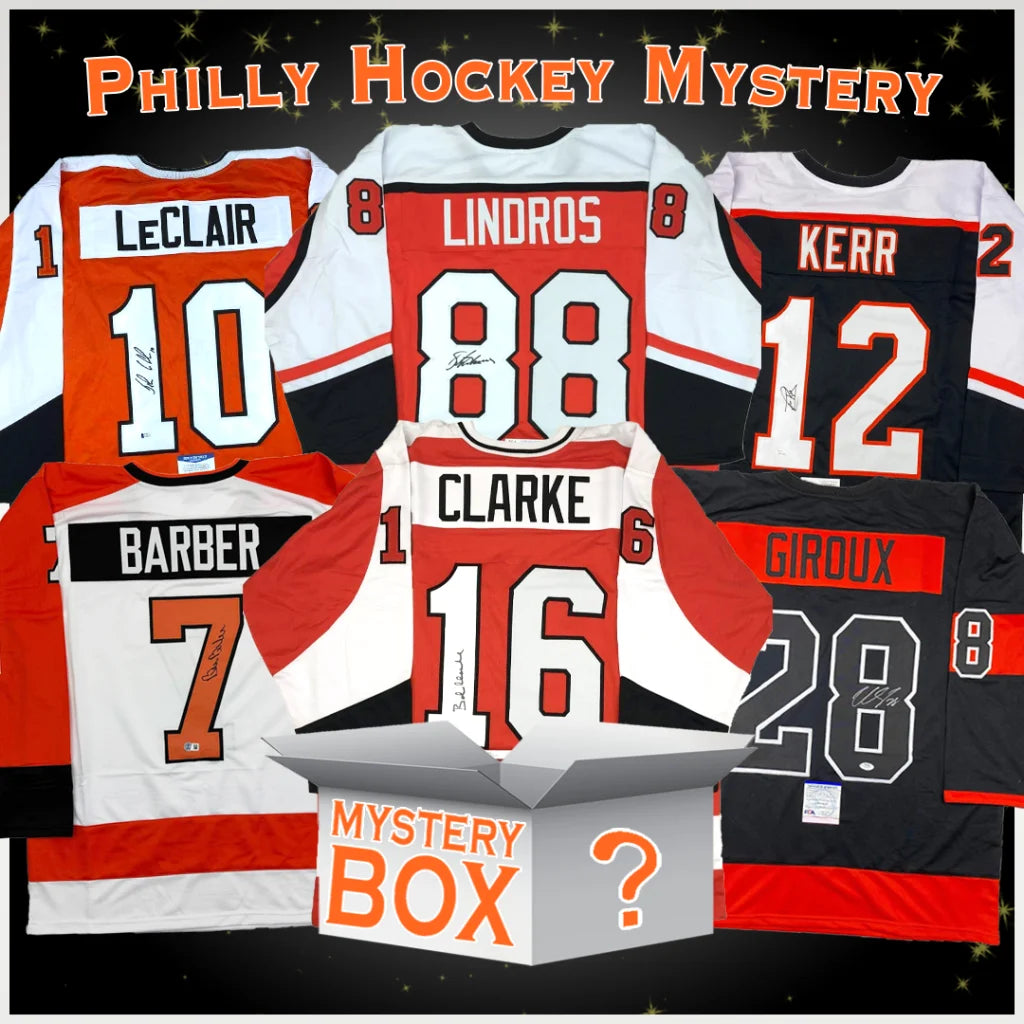 Autographed Philadelphia hockey jerseys in red white black with names numbers