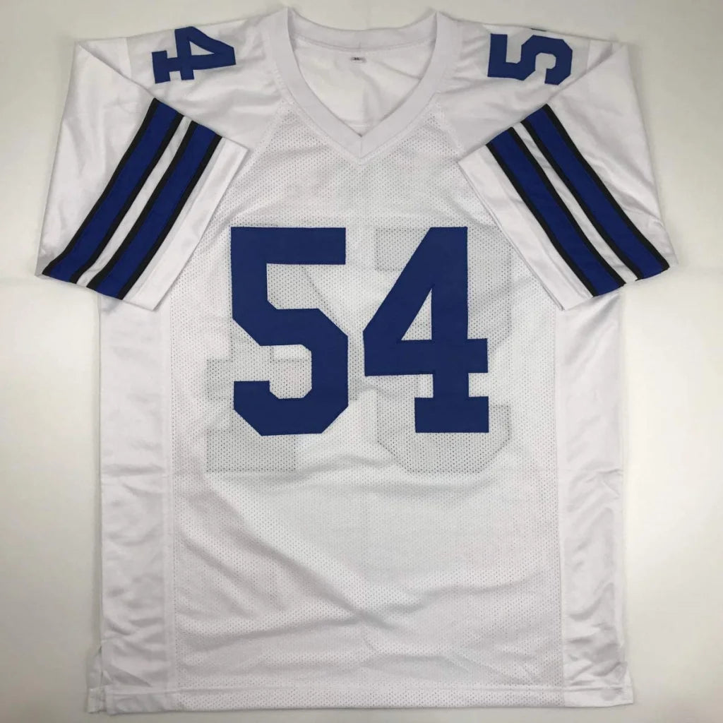 White custom jersey with blue number 54 and arm stripes for professional sports league
