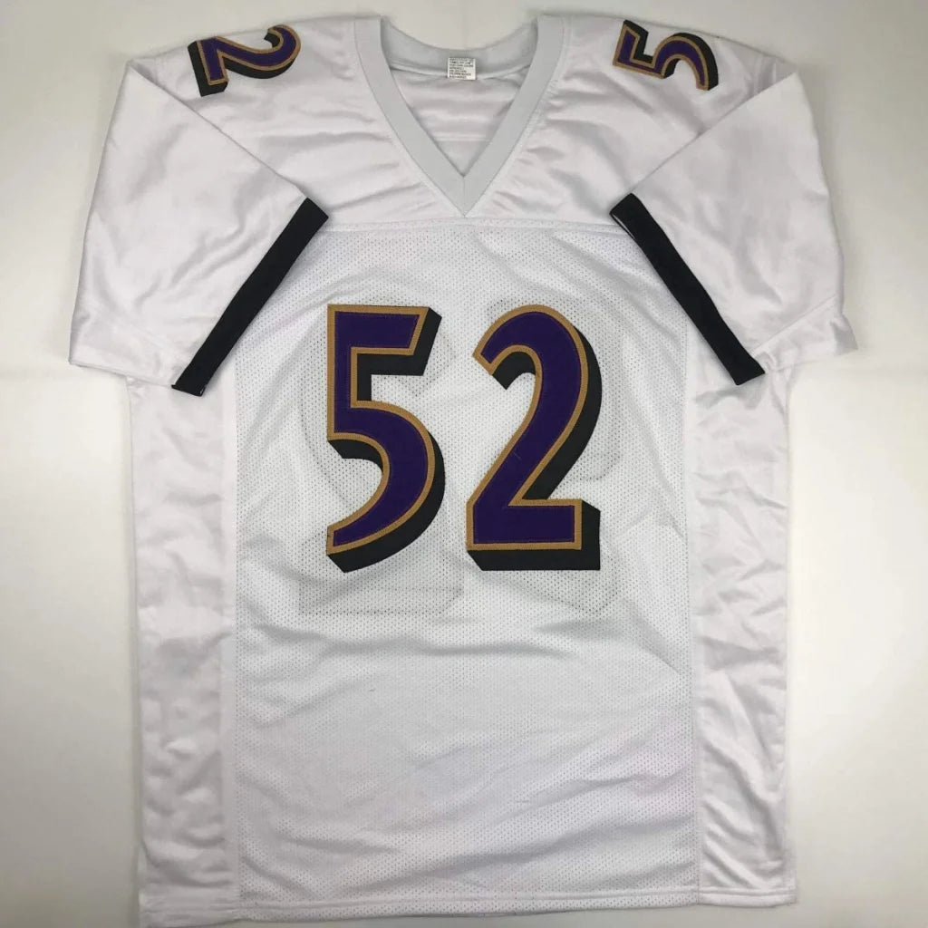 White custom jersey with number 52, signed Ray Lewis, perfect for professional sports fans