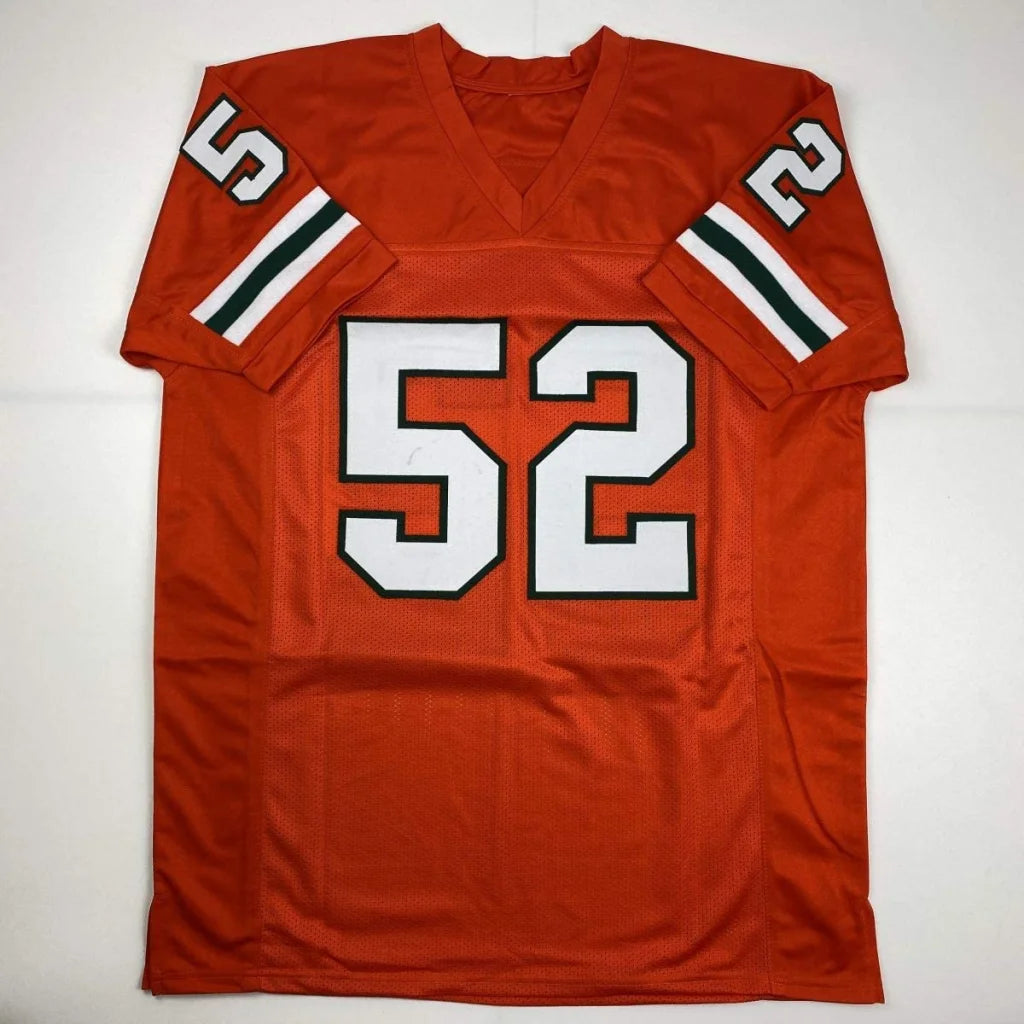 Autographed Ray Lewis Miami orange custom jersey with white black numerals 52 front and 6 12 sleeves for professional sports league fans