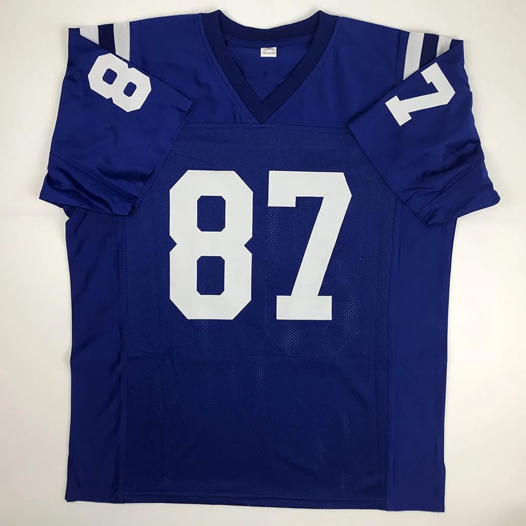 Autographed reggie wayne indiana blue football custom jersey with white 87 mesh fabric v-neck collar from professional sports league