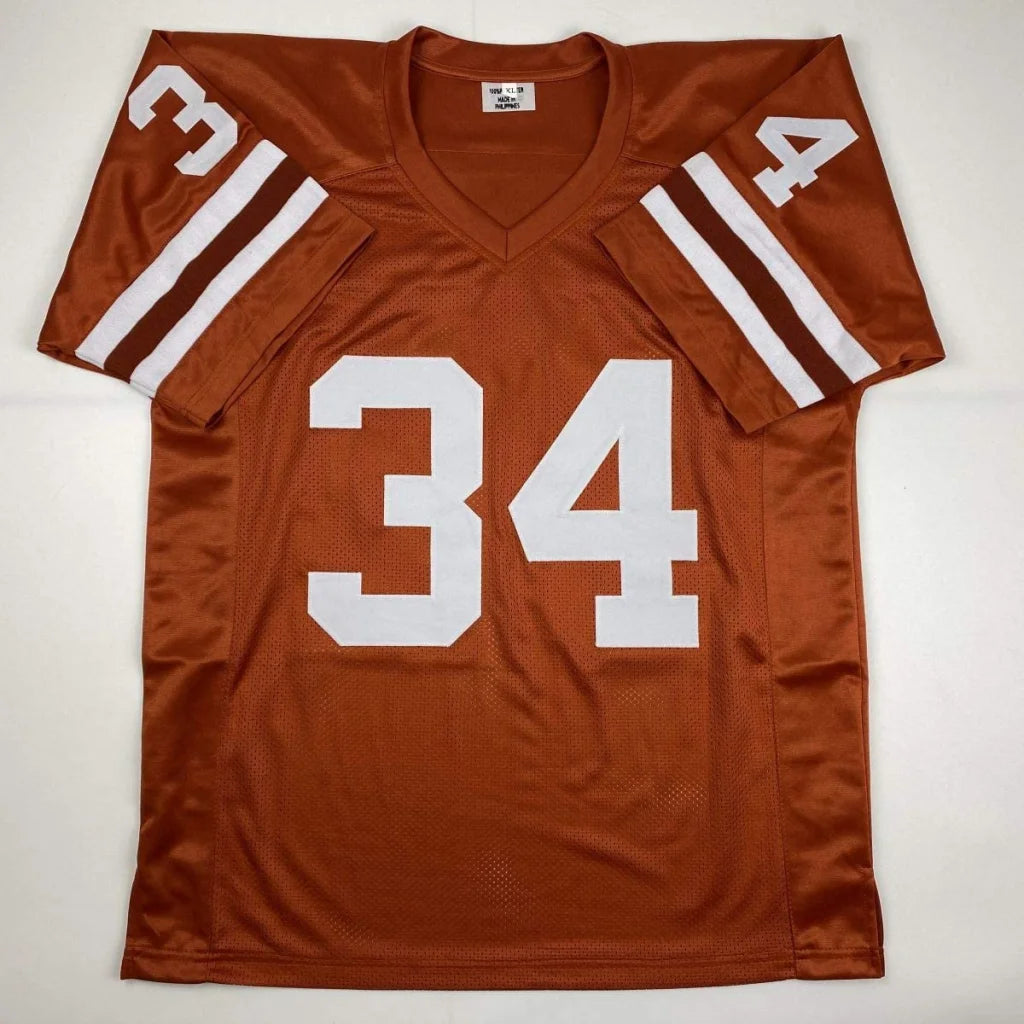 Rust-colored custom jersey featuring white numbers and stripes with v-neck design from professional sports league
