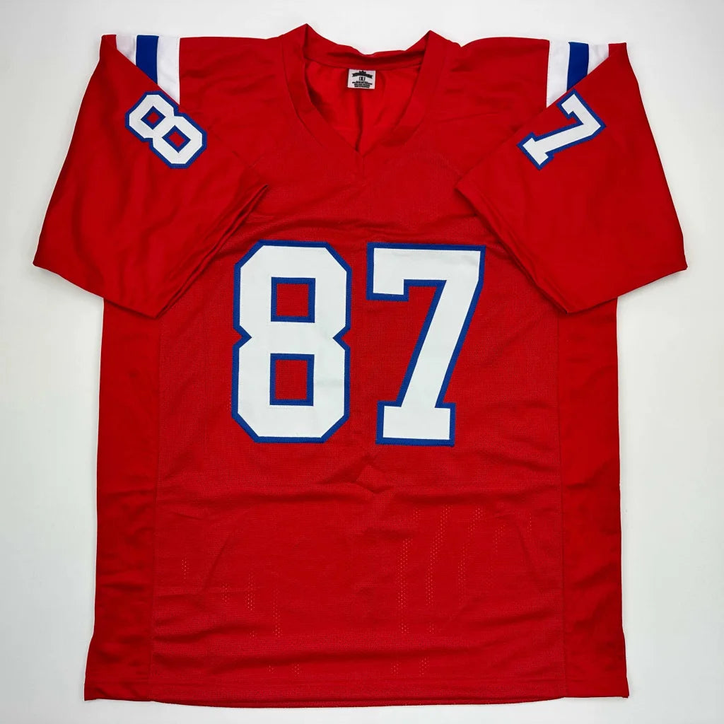 Autographed red New England Patriots Gronkowski custom jersey with white numerals