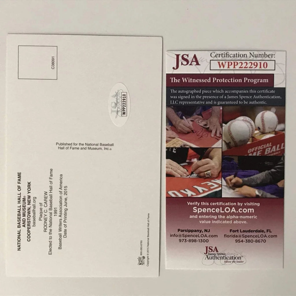 Authentic Rodney Carew Signed Hall of Fame Card with third party authentication and JSA certificate