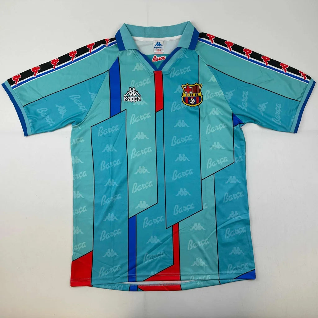 Light blue Kappa FC Barcelona football jersey with red and blue accents, third party authentication