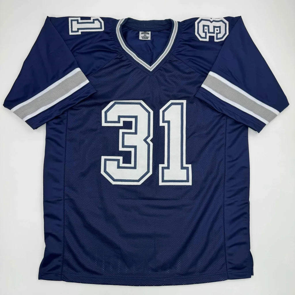 Navy blue autographed Roy Williams Dallas custom jersey with white and silver trim and bold number 31 for professional sports league fans