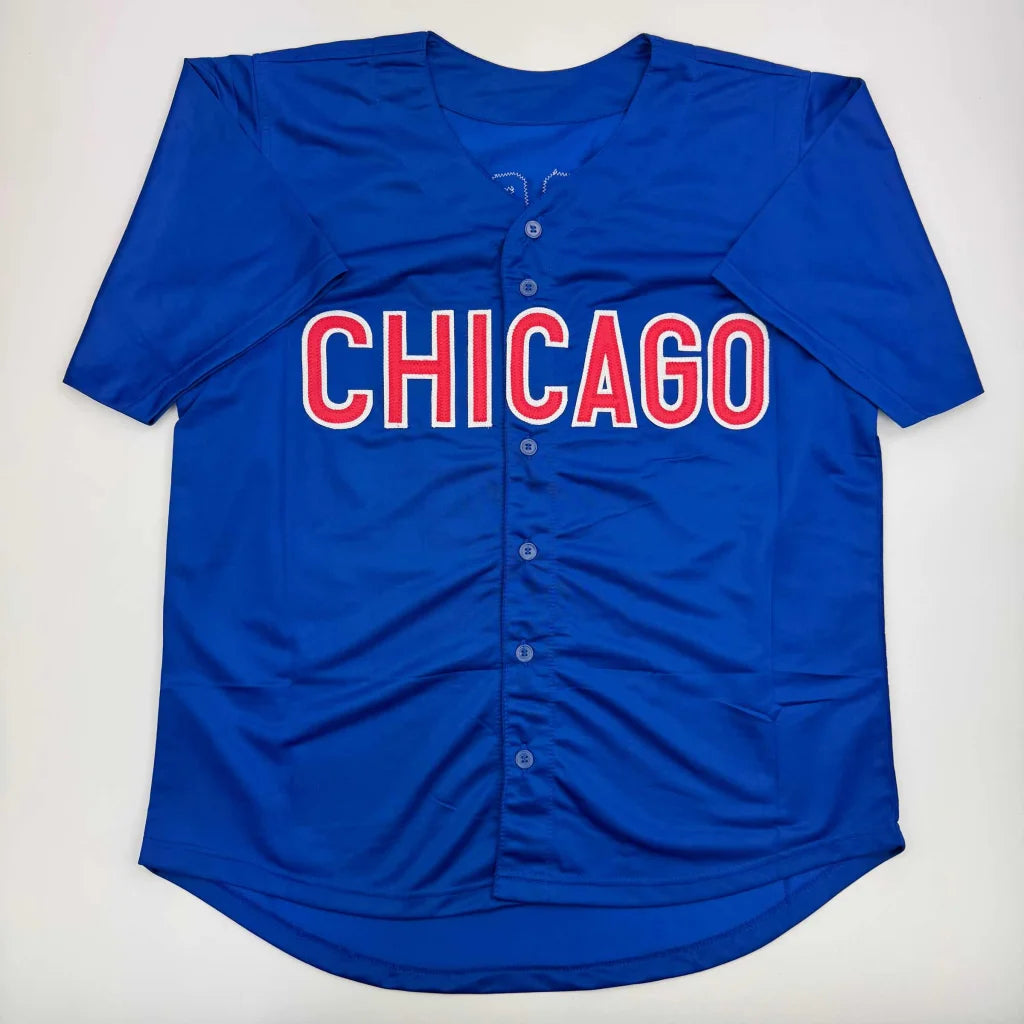 Blue custom jersey from professional sports league with CHICAGO in red and white