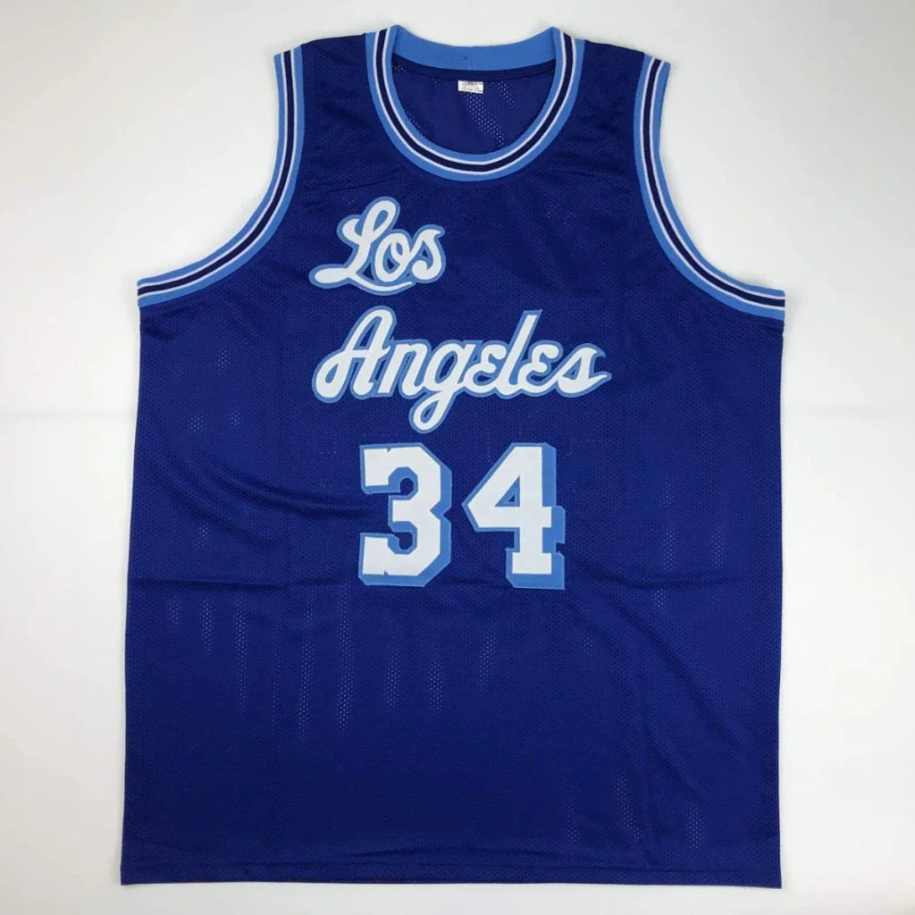 Deep blue mesh custom jersey with white and light blue los angeles lettering and number 34 for professional sports league use