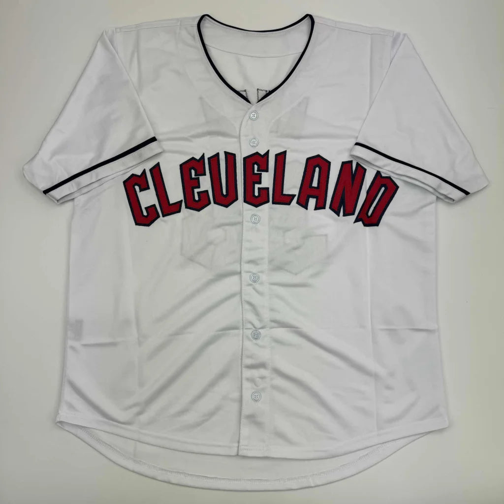 White short-sleeved custom jersey with red lettering and black trim from Professional Sports League Stars