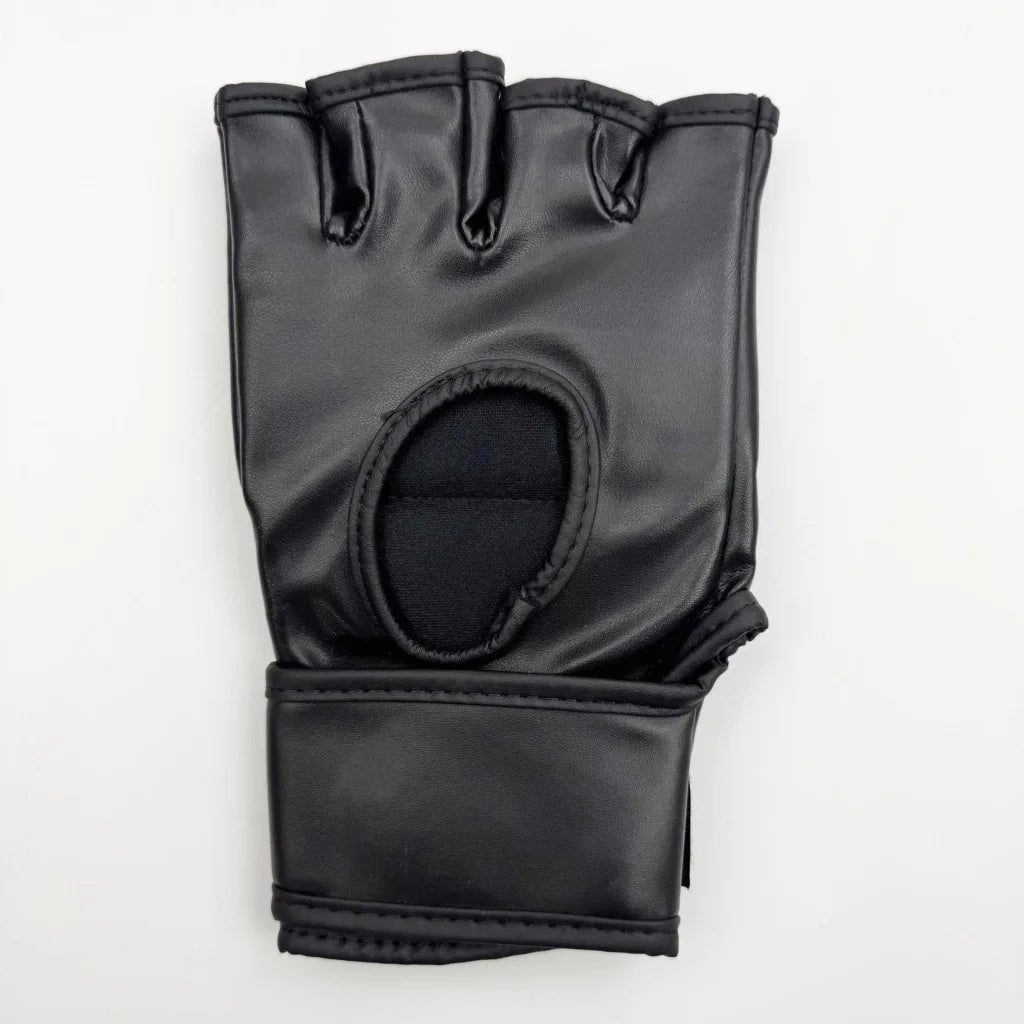 Black faux leather fingerless glove with palm cut-out, authentic UFC MMA third party authentication