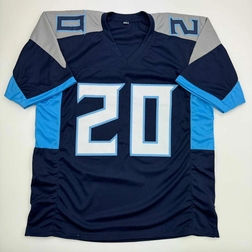 Custom navy blue football jersey with number 20, perfect for professional sports fans