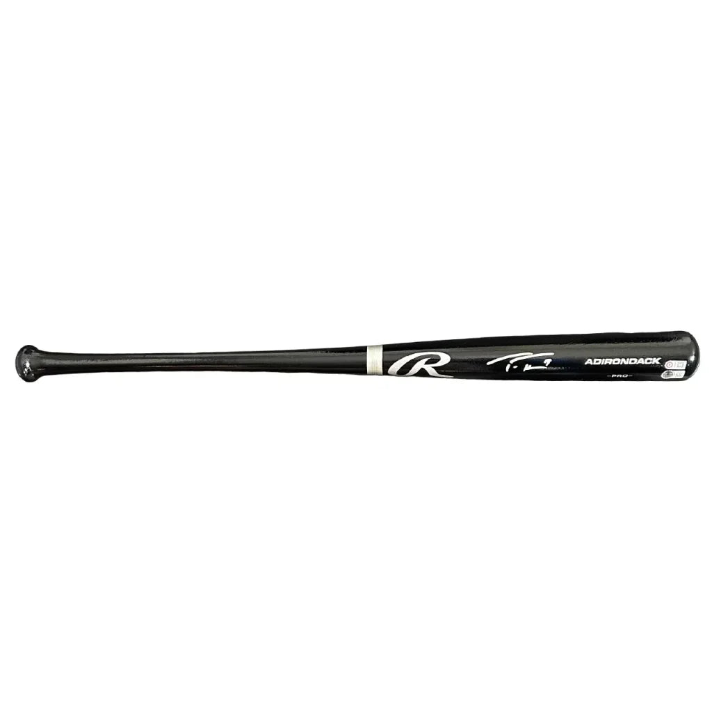 Black Rawlings baseball bat with white logo, Adirondack branding, third party authentication