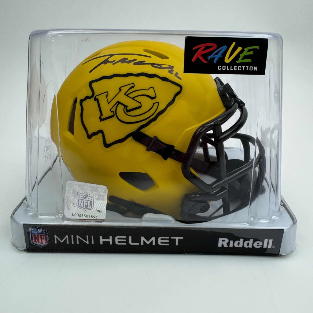 Signed Patrick Mahomes yellow Riddell Chiefs mini helmet with black facemask
