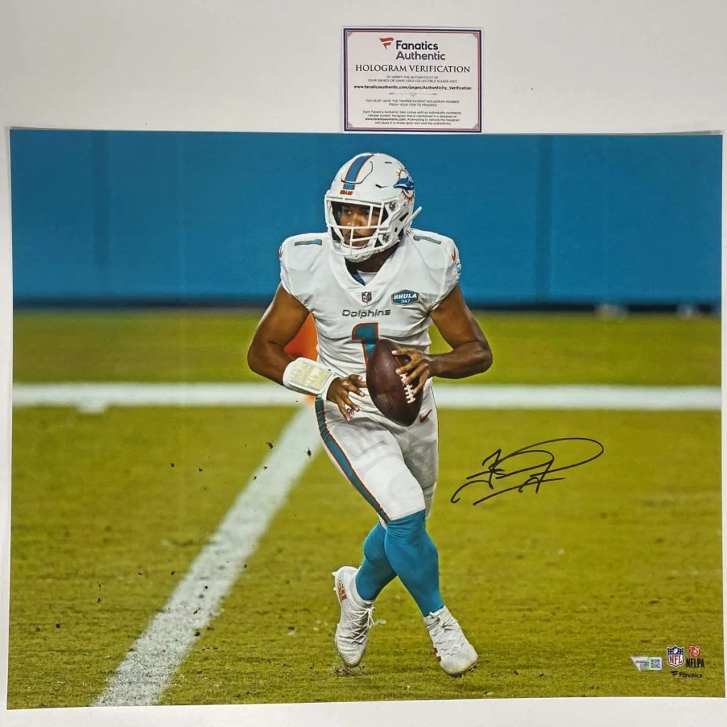 Autographed Tua Tagovailoa Miami Dolphins 16x20 Football Photo Fanatics COA | Hall of Fame Sports Memorabilia | vintageantiquesgifts.com