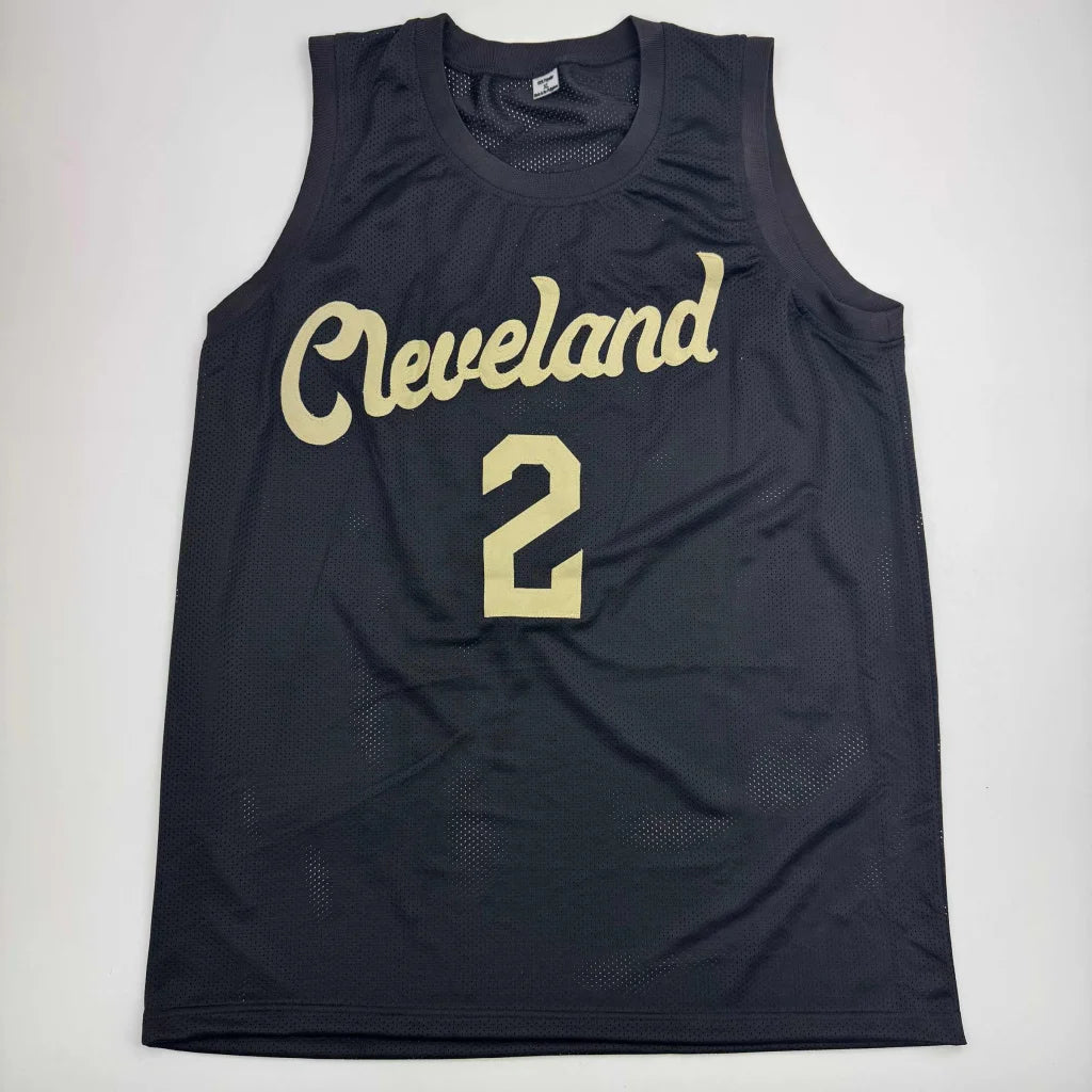 Black mesh basketball jersey with cleveland black basketball and gold number 2 design
